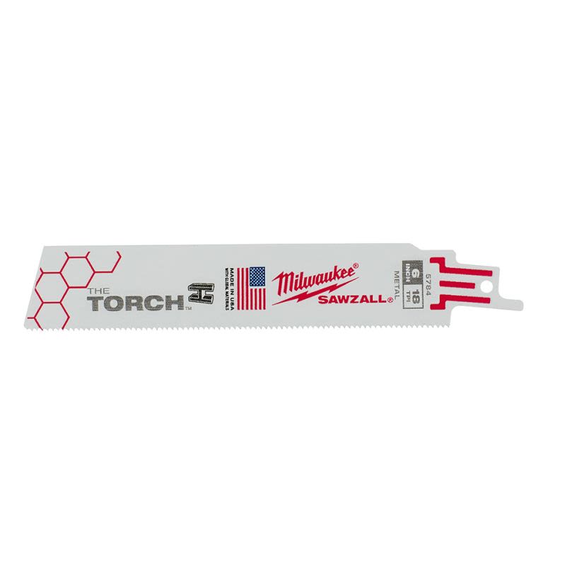 Milwaukee SAWZALL The Torch 48-00-5784 Demolition Straight Back Reciprocating Saw Blade, 6 in L x 1 in W, 18 TPI, Bi-Metal Body, Universal/Toothed Edge Tang